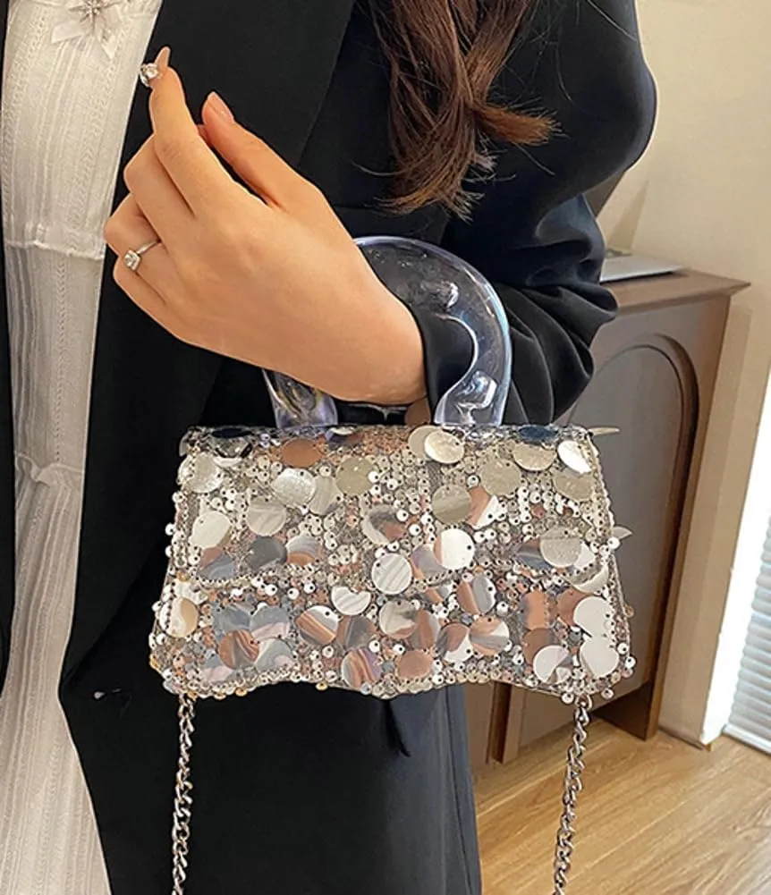 Trendy Sequin Evening Clutch for Women Small Y2k Tote Purse with Chain Handbag Crossbody Shoulder Bag for Party