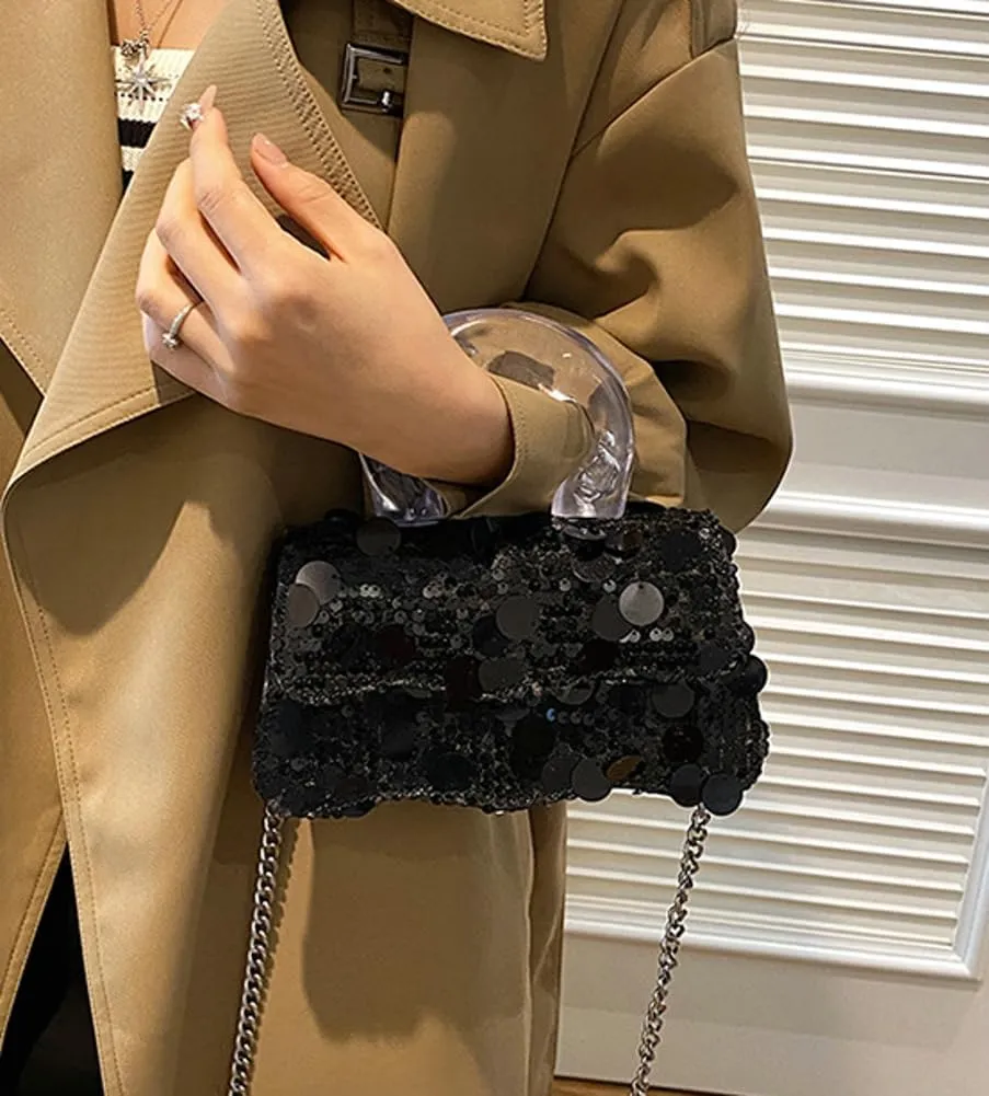 Trendy Sequin Evening Clutch for Women Small Y2k Tote Purse with Chain Handbag Crossbody Shoulder Bag for Party