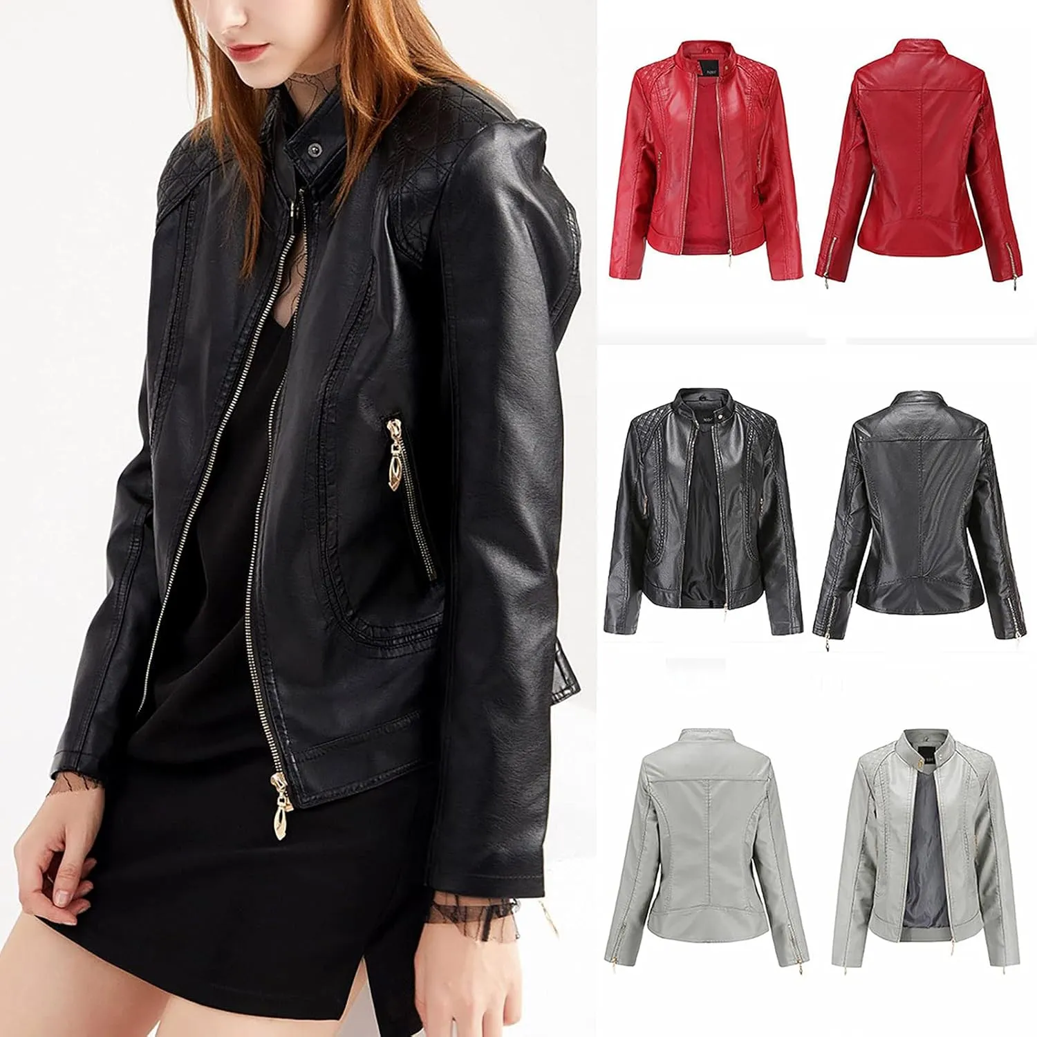 tuduoms Faux Leather Jacket Women Trendy Quilted Slim Fit Casual Motorcycle Jacket Suit Long Sleeve Moto Biker Coat