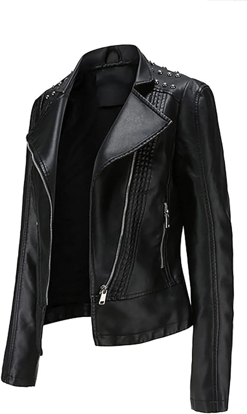 tuduoms Women Trendy Leather Jacket Slim Fit Casual Motorcycle Coat Asymmetrical Zip Up Biker Jacket with Splicing Details