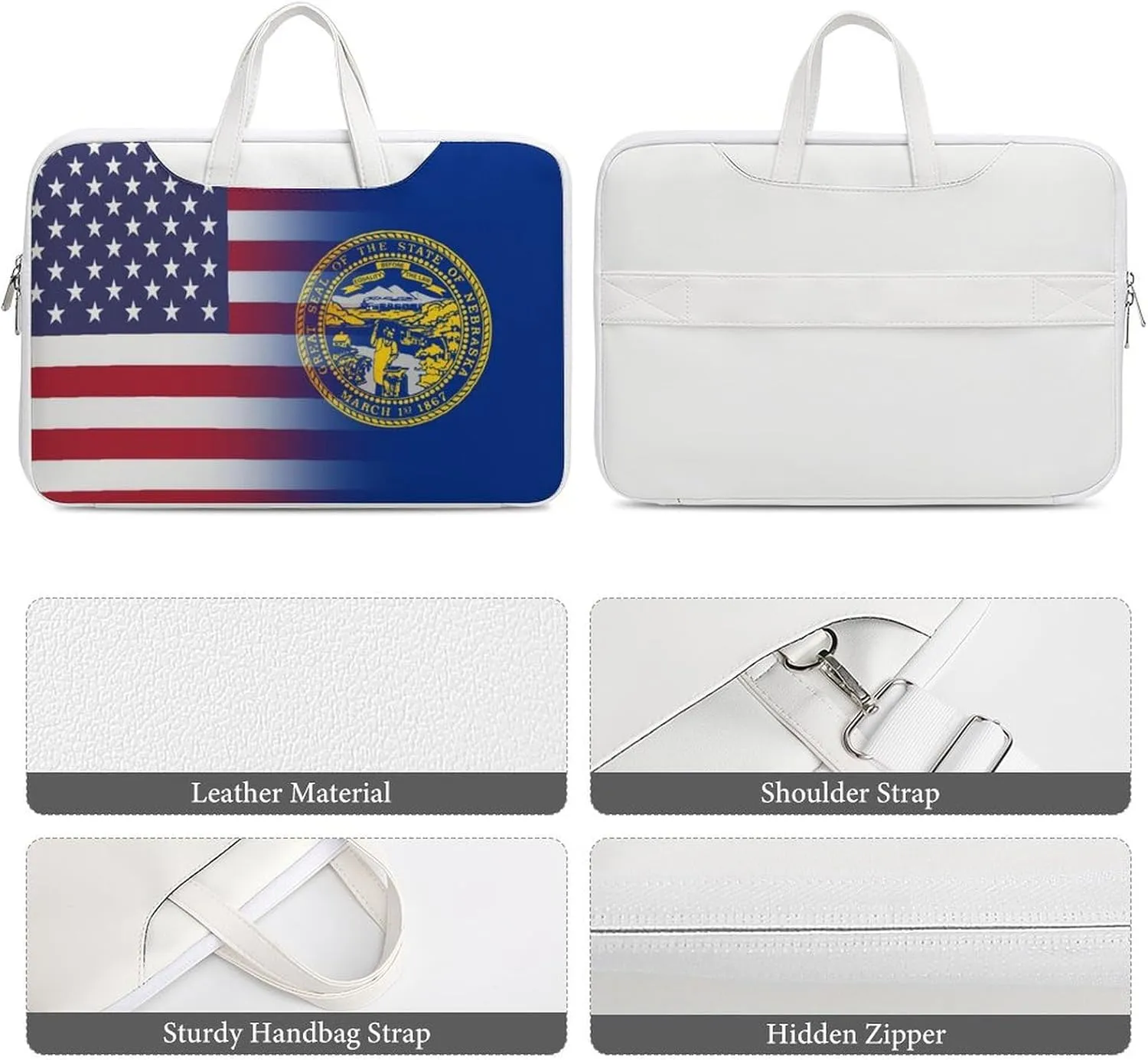 U.S.A Nebraska State Flag Leather Bag Laptop Case Slim Water Resistant Computer Bags with Handle Briefcase for Work
