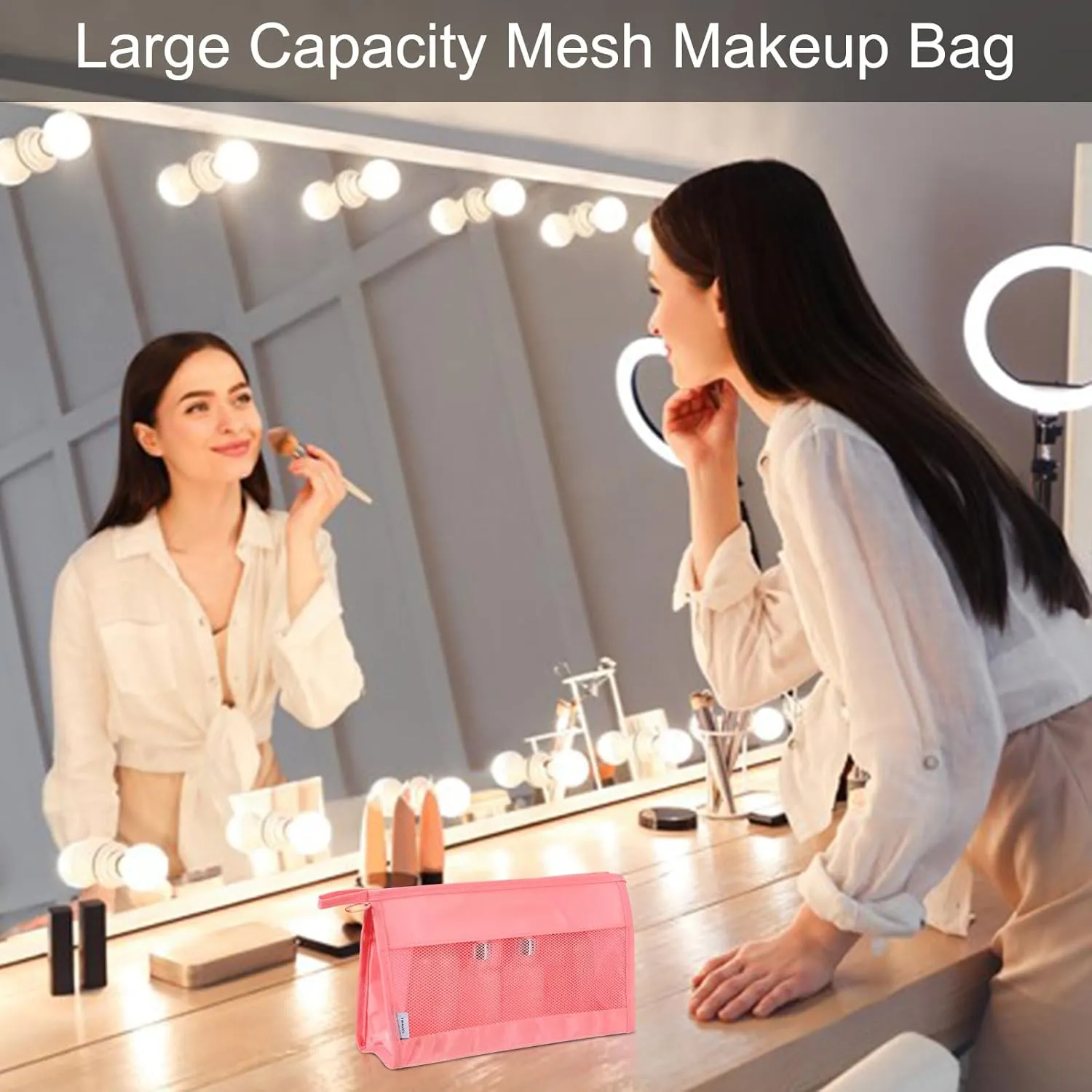 uxcell Mesh Makeup Bag, Large Capacity Travel Zipper Cosmetic Bags, Beach Mesh Toiletry Pouches Purse Storage Organizer for Women Girls, Blue