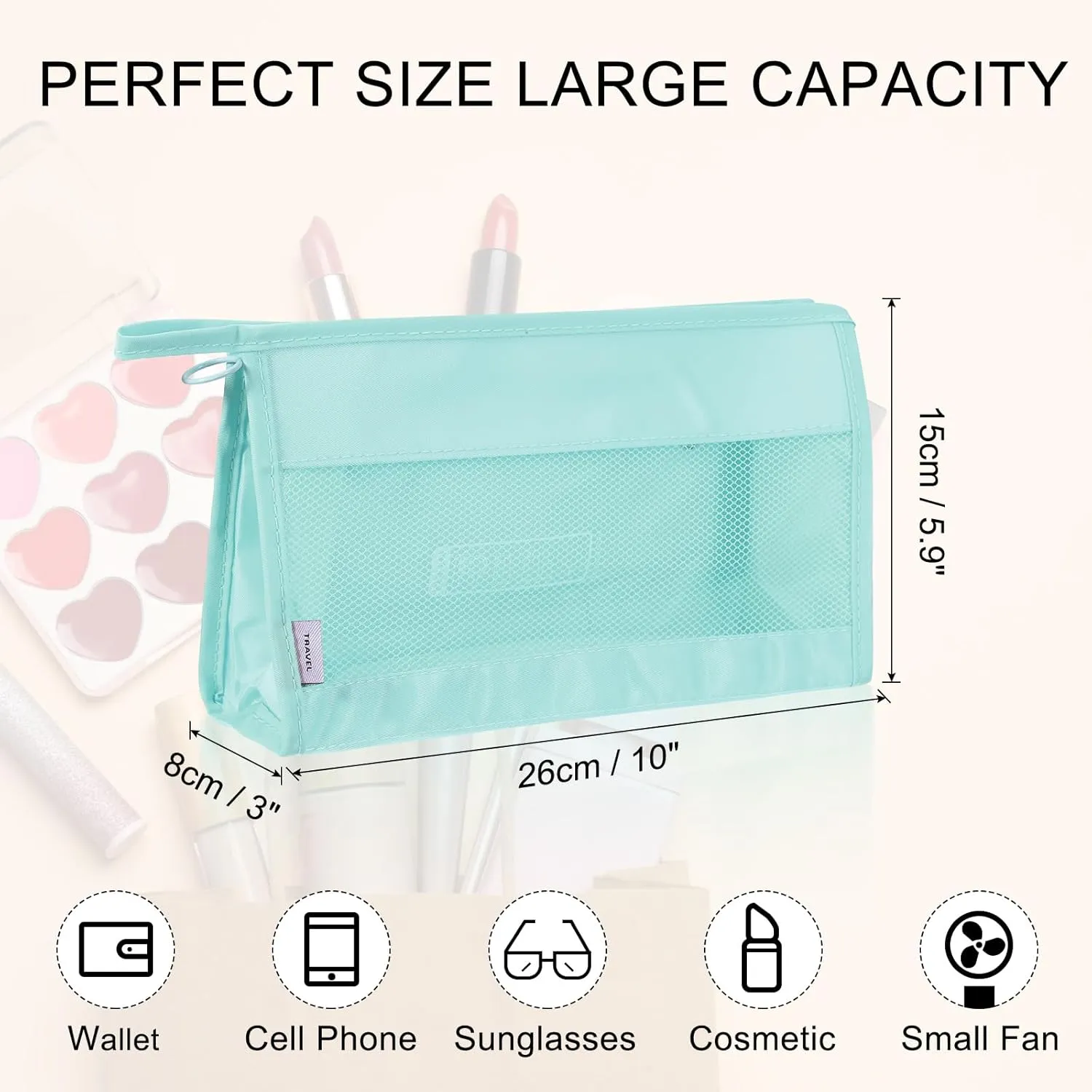 uxcell Mesh Makeup Bag, Large Capacity Travel Zipper Cosmetic Bags, Beach Mesh Toiletry Pouches Purse Storage Organizer for Women Girls, Blue