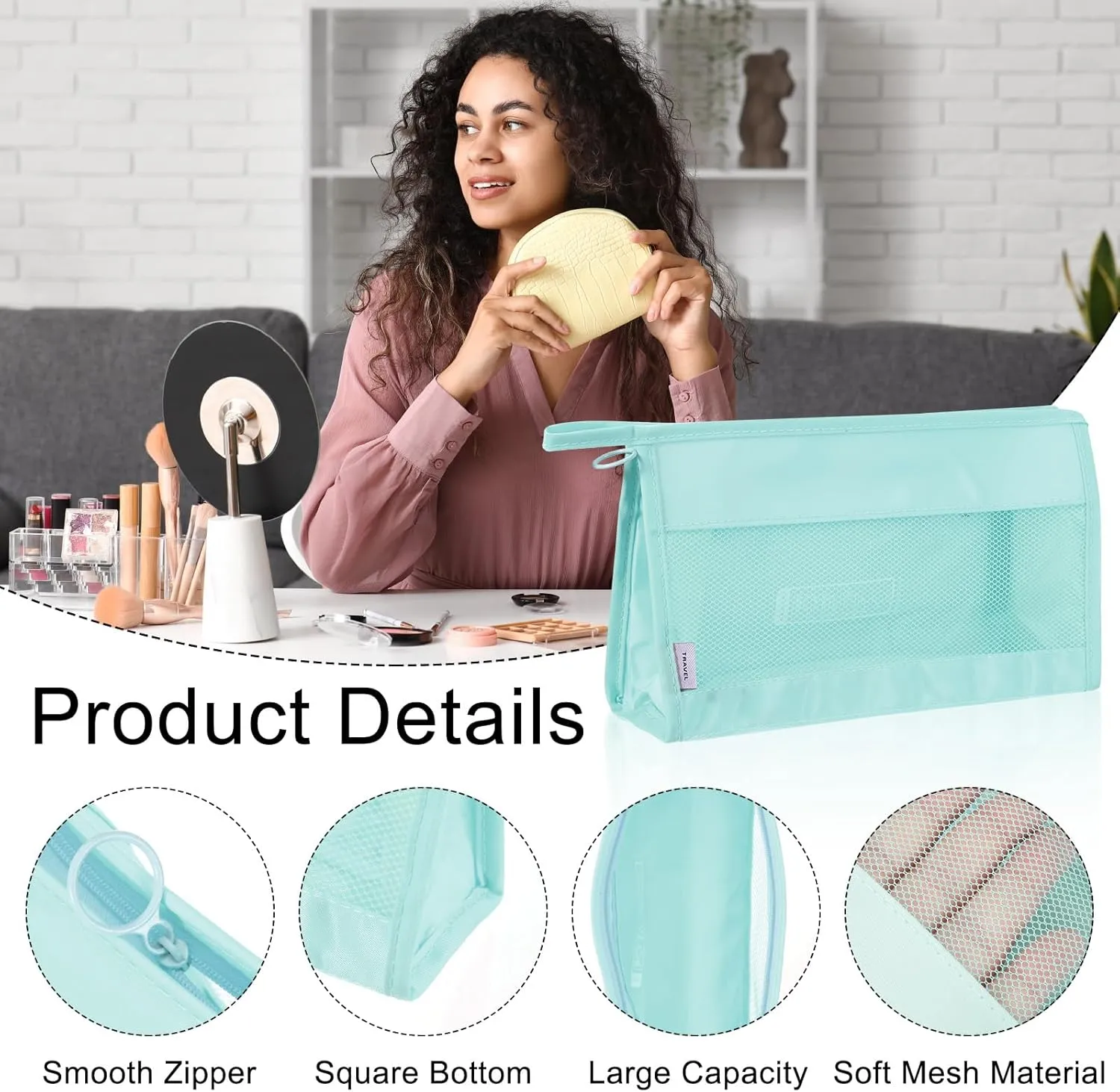 uxcell Mesh Makeup Bag, Large Capacity Travel Zipper Cosmetic Bags, Beach Mesh Toiletry Pouches Purse Storage Organizer for Women Girls, Blue