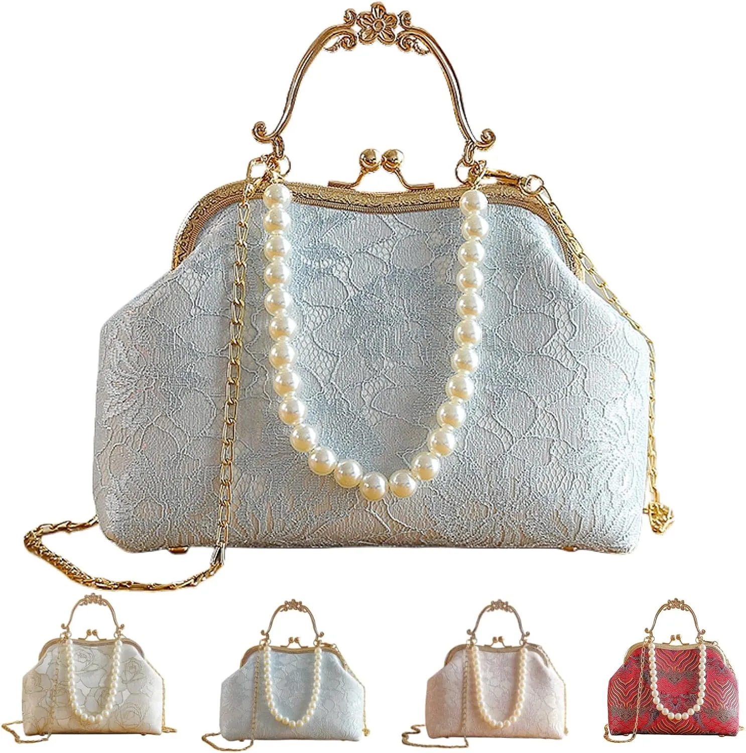 Vintage Chinese Lace Embroidery Pearl Crossbody Bag Evening Bag with Chain Strap for Women