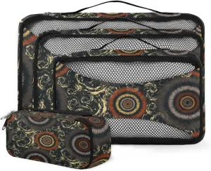 Vintage Impressionism Circles 4 Piece Packing Travel Organizer Cubes Set Mesh Fabric Ventilate Design Lightweight Travel Accessories 4 Sizes (Extra Large, Large, Medium, Small)