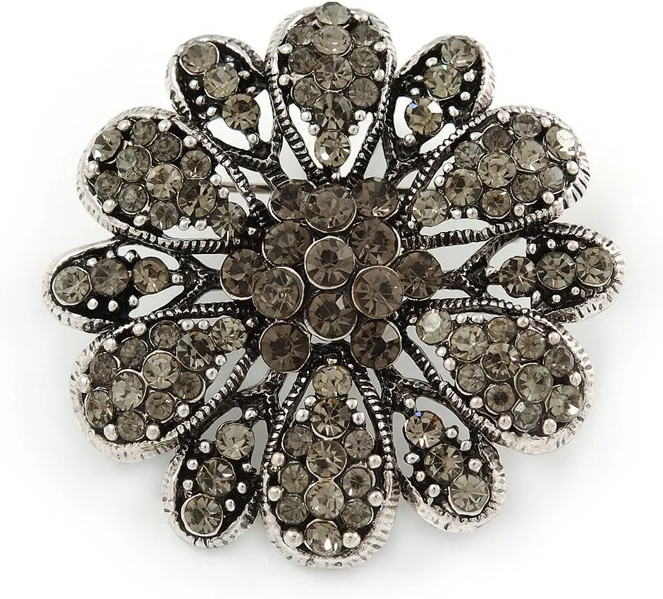 Vintage Inspired Grey Coloured Austrian Crystal Floral Brooch In Antique Silver Tone - 43mm D
