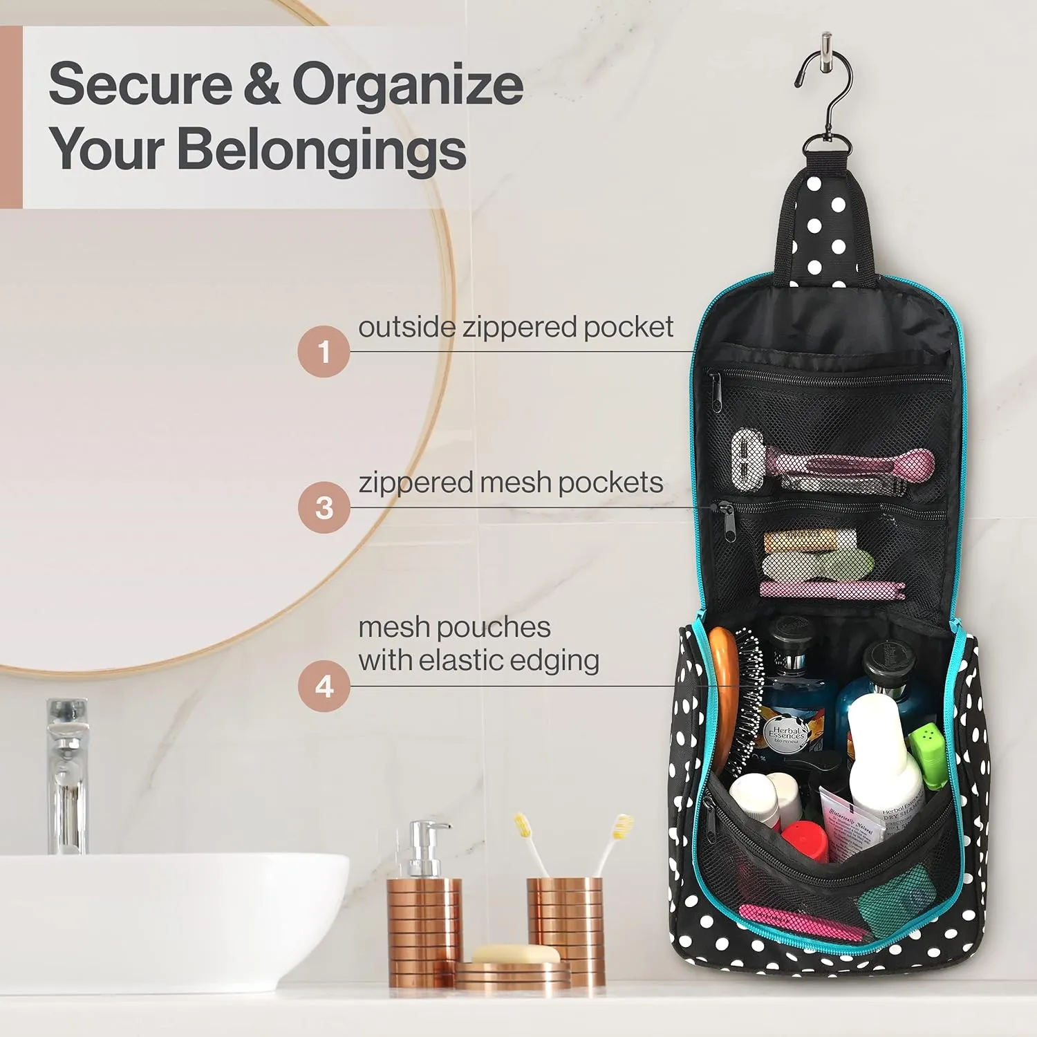 Wayfarer Supply Hanging Travel Toiletry Bag - Large Cosmetic Bag Organizer for Toiletries, Makeup and Shaving Supplies - Cruise and Travel Essentials for Women & Men, Black & White Polka Dot