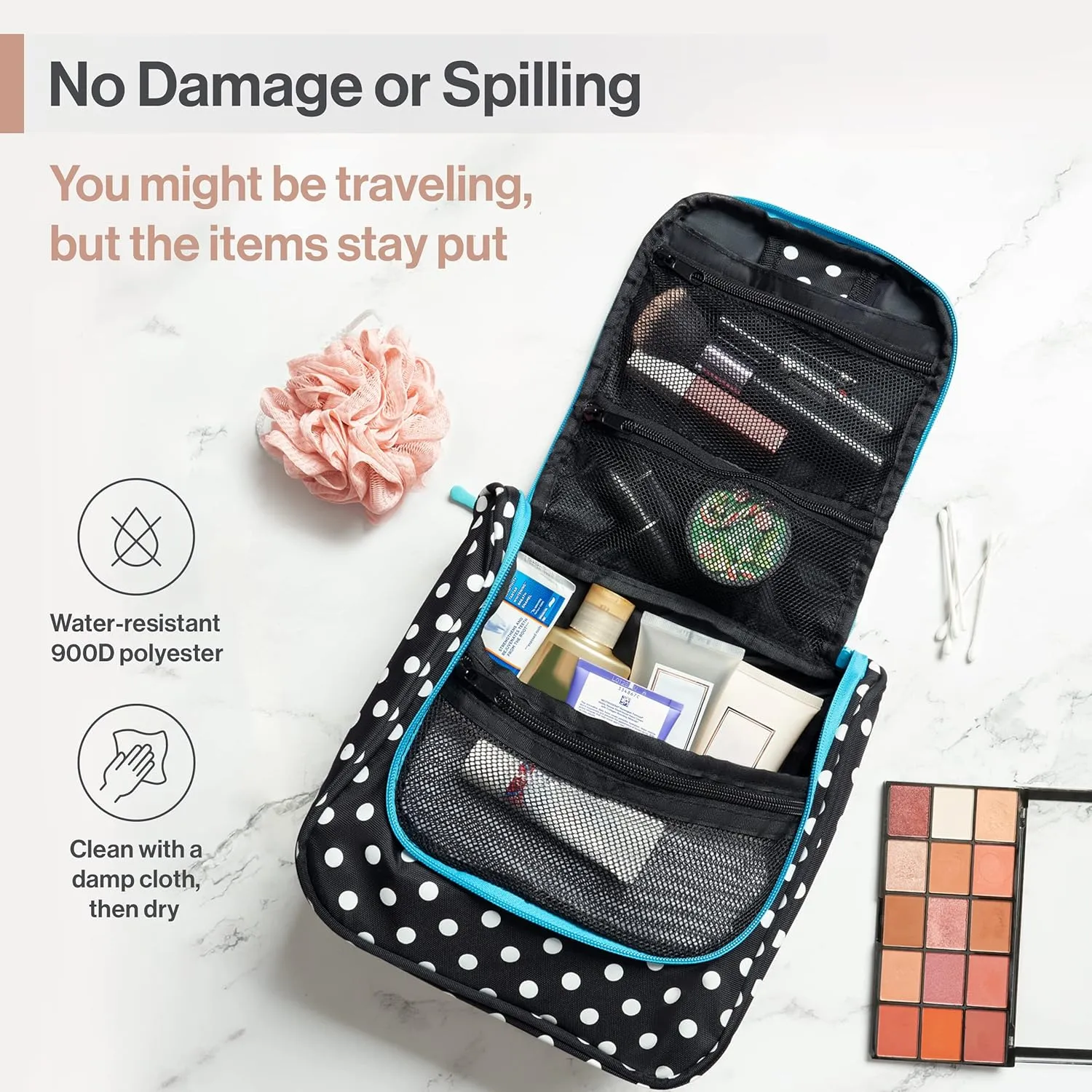 Wayfarer Supply Hanging Travel Toiletry Bag - Large Cosmetic Bag Organizer for Toiletries, Makeup and Shaving Supplies - Cruise and Travel Essentials for Women & Men, Black & White Polka Dot