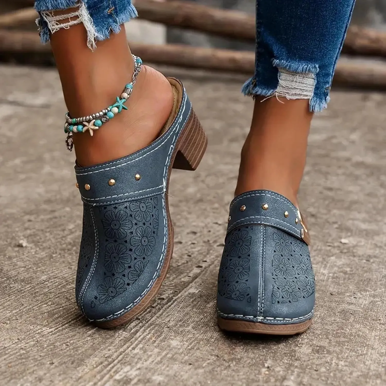 Wedge Sandals for Women Closed Toe Chunky Heels Mules Hollow Out Slip On Shoes Platform Wedges Sandals Comfortable Open Back Clogs Casual Walking Shoes Boho Dressy Mules Sandal