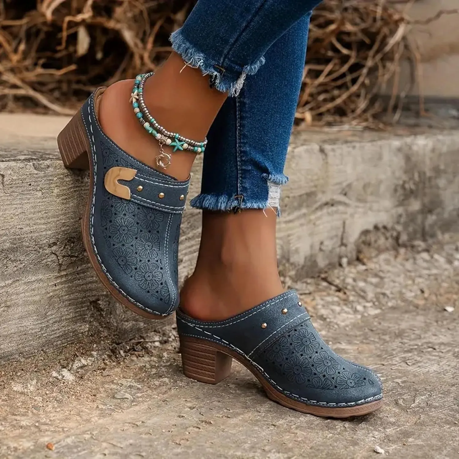 Wedge Sandals for Women Closed Toe Chunky Heels Mules Hollow Out Slip On Shoes Platform Wedges Sandals Comfortable Open Back Clogs Casual Walking Shoes Boho Dressy Mules Sandal