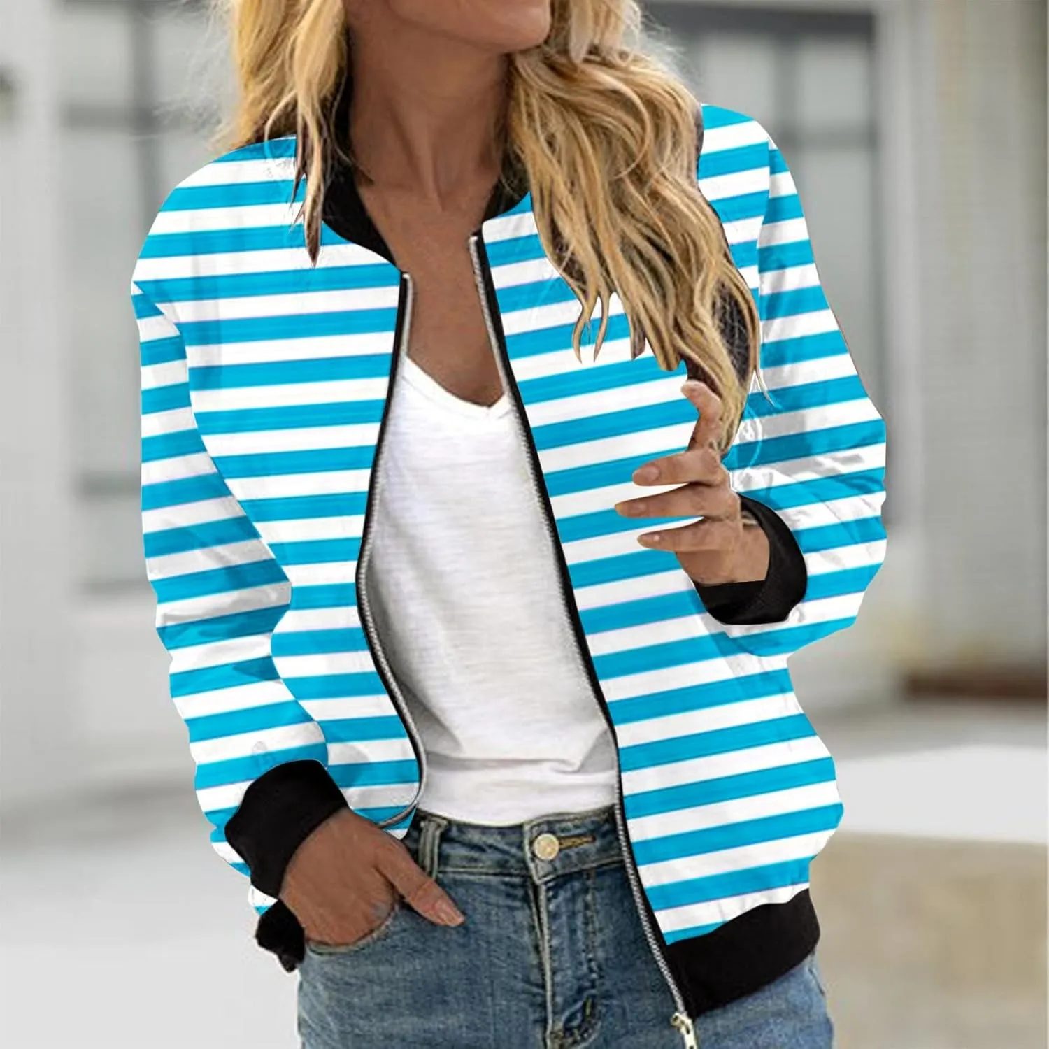 Winter Coats for Women Casual Striped Color Block Jackets Full Zip Long Sleeve Cardigan Coat with Pockets