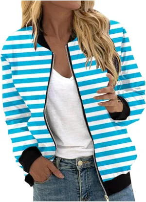 Winter Coats for Women Casual Striped Color Block Jackets Full Zip Long Sleeve Cardigan Coat with Pockets
