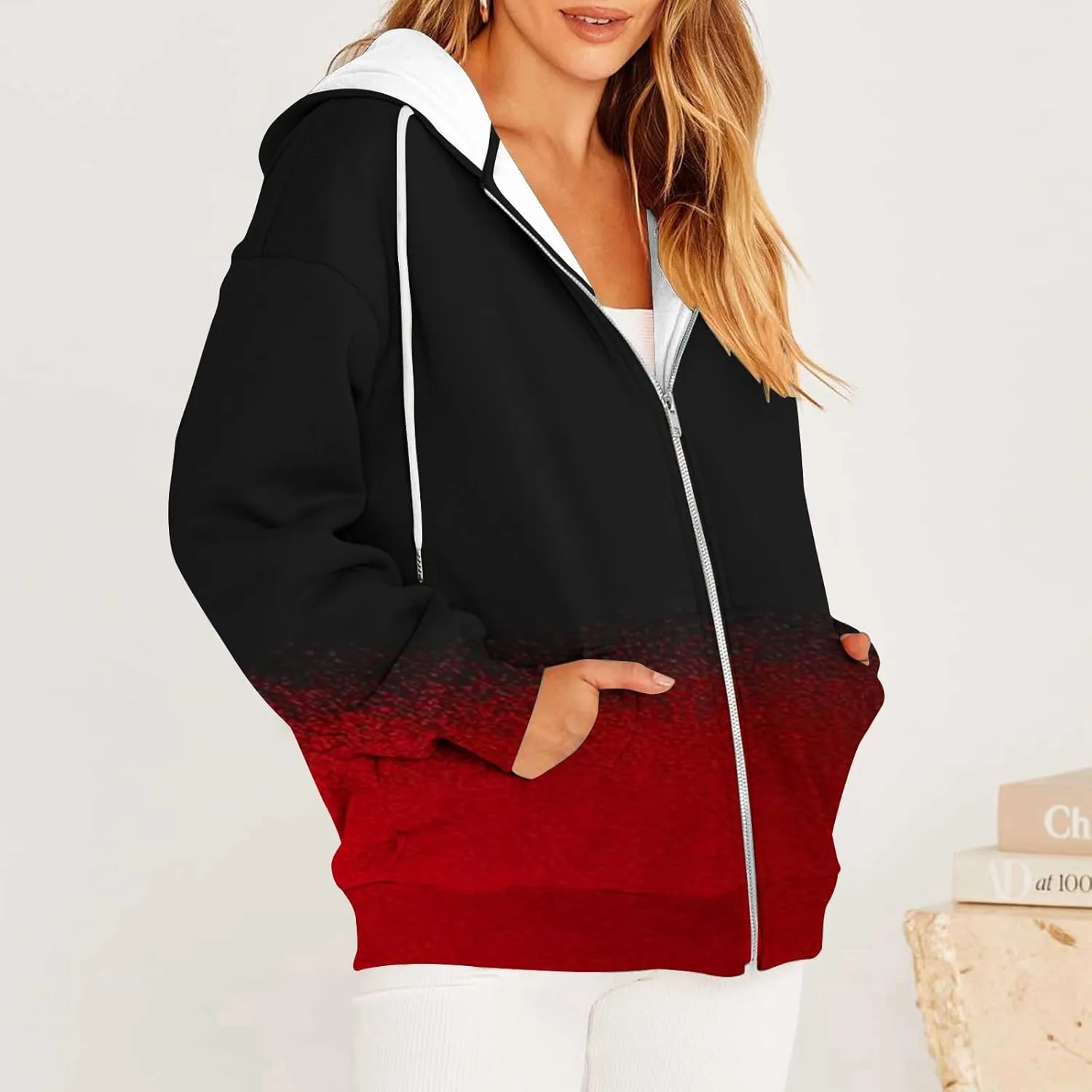 Winter Coats for Women Patchwork Color Cardigan Sweatshirts Long Sleeve Drawstring Hoodies with Pockets Jackets
