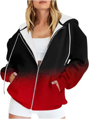 Winter Coats for Women Patchwork Color Cardigan Sweatshirts Long Sleeve Drawstring Hoodies with Pockets Jackets