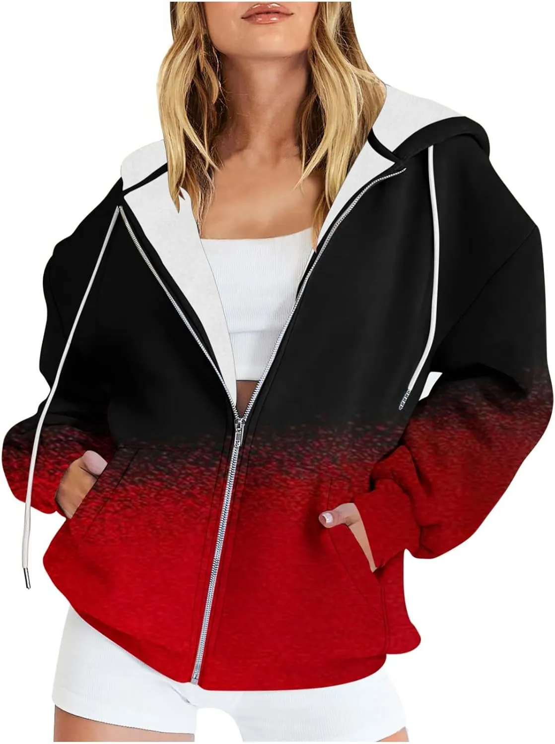 Winter Coats for Women Patchwork Color Cardigan Sweatshirts Long Sleeve Drawstring Hoodies with Pockets Jackets