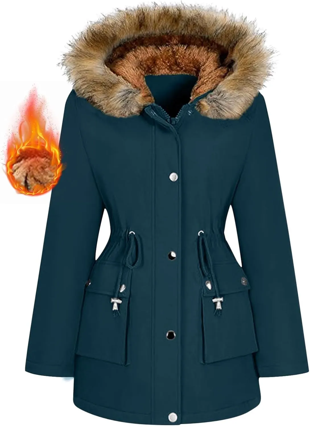 Winter Coats for Women Water Resistant Jacket Windproof Warm Parkas Thicken Fleece Lined Outwear with Fur Hood