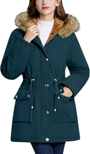 Winter Coats for Women Water Resistant Jacket Windproof Warm Parkas Thicken Fleece Lined Outwear with Fur Hood