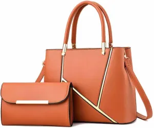 Women 2 PCS Top-handle Bag Stitching PU Leather Shoulder Bags Satchel Clutch Bags Purse Handbag