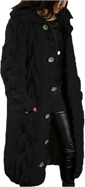 Women Coat Single Cardigan Sweater Pocket Hood Large Size Breasted Sleeves Long Women's Coat Open Front