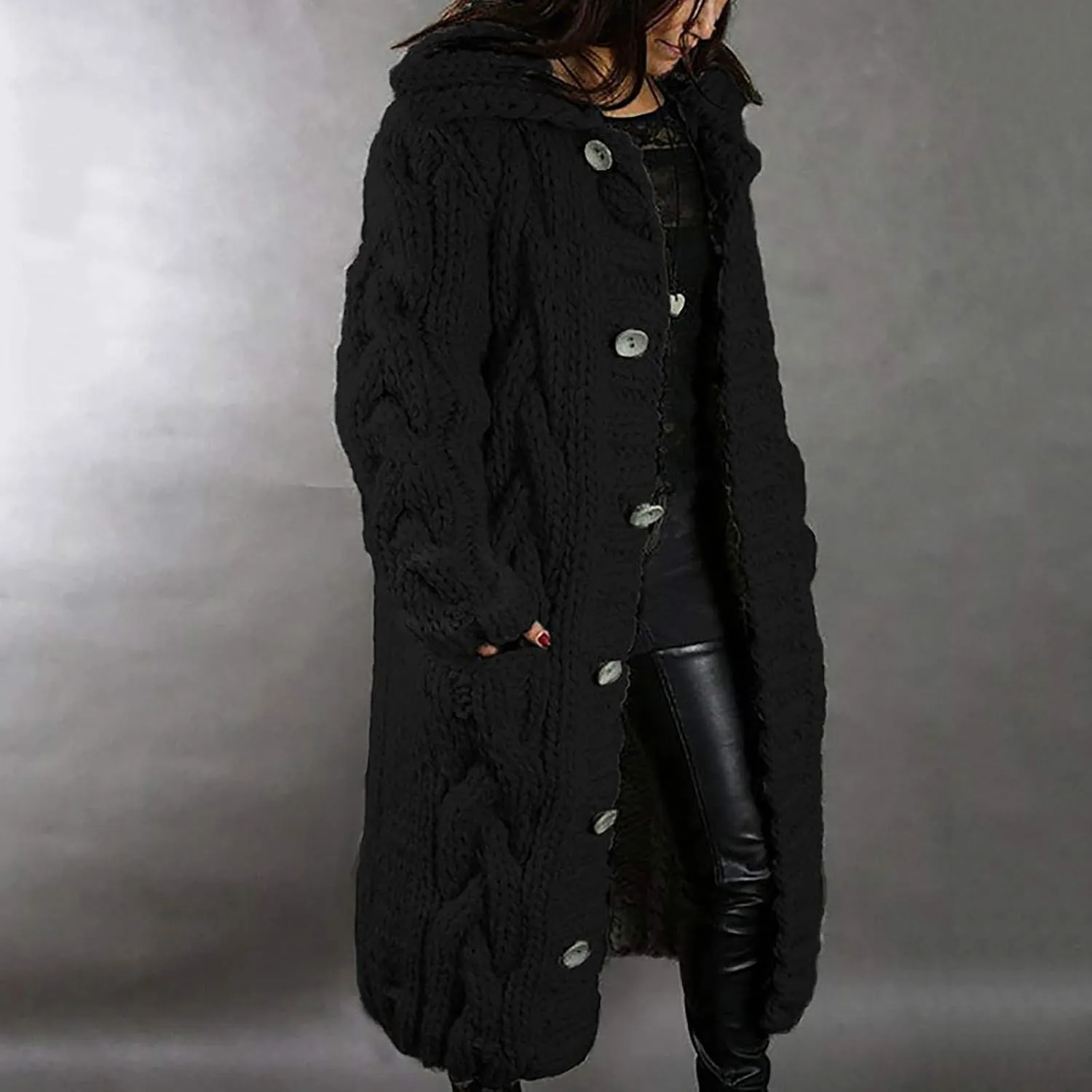 Women Coat Single Cardigan Sweater Pocket Hood Large Size Breasted Sleeves Long Women's Coat Open Front