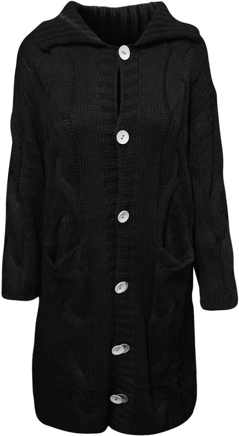 Women Coat Single Cardigan Sweater Pocket Hood Large Size Breasted Sleeves Long Women's Coat Open Front
