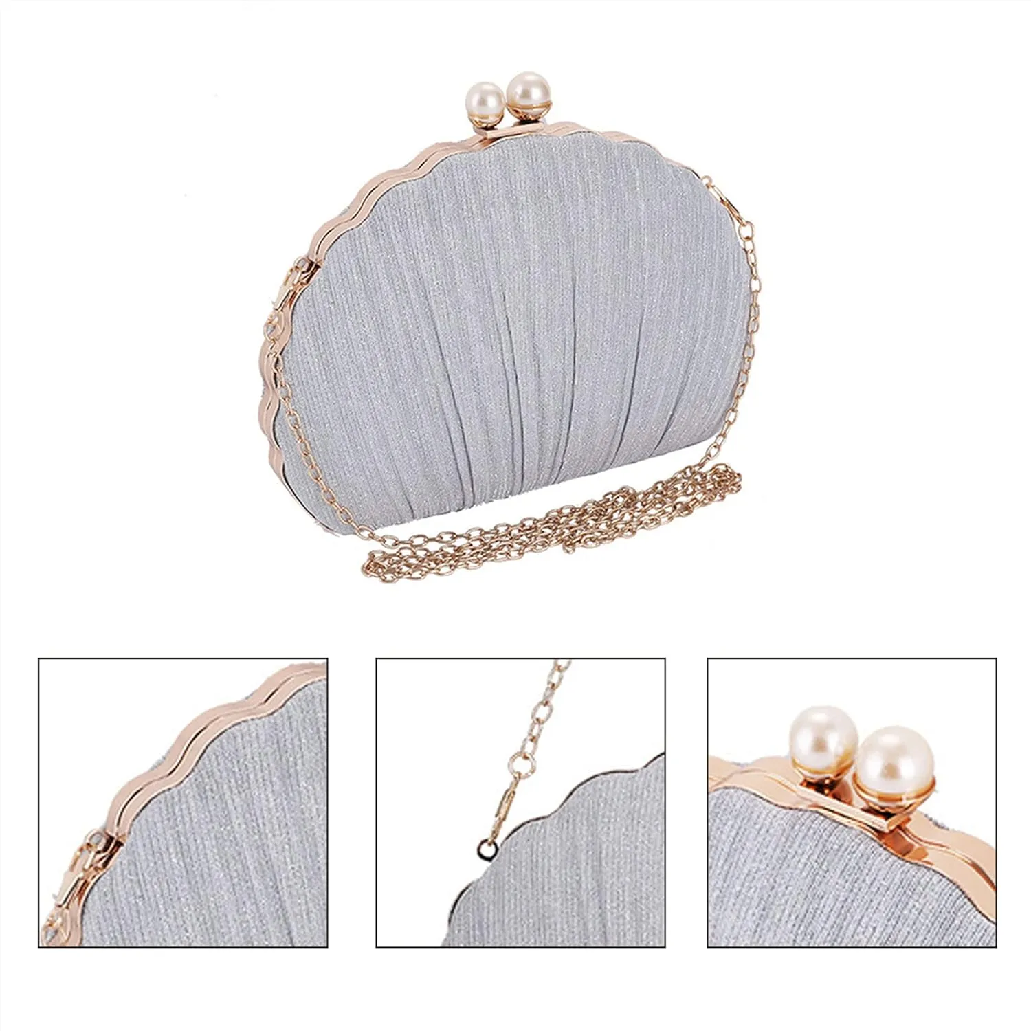Women Mini Pleated Seashell Evening Clutch Handbag Chain Strap Cross-body Bag