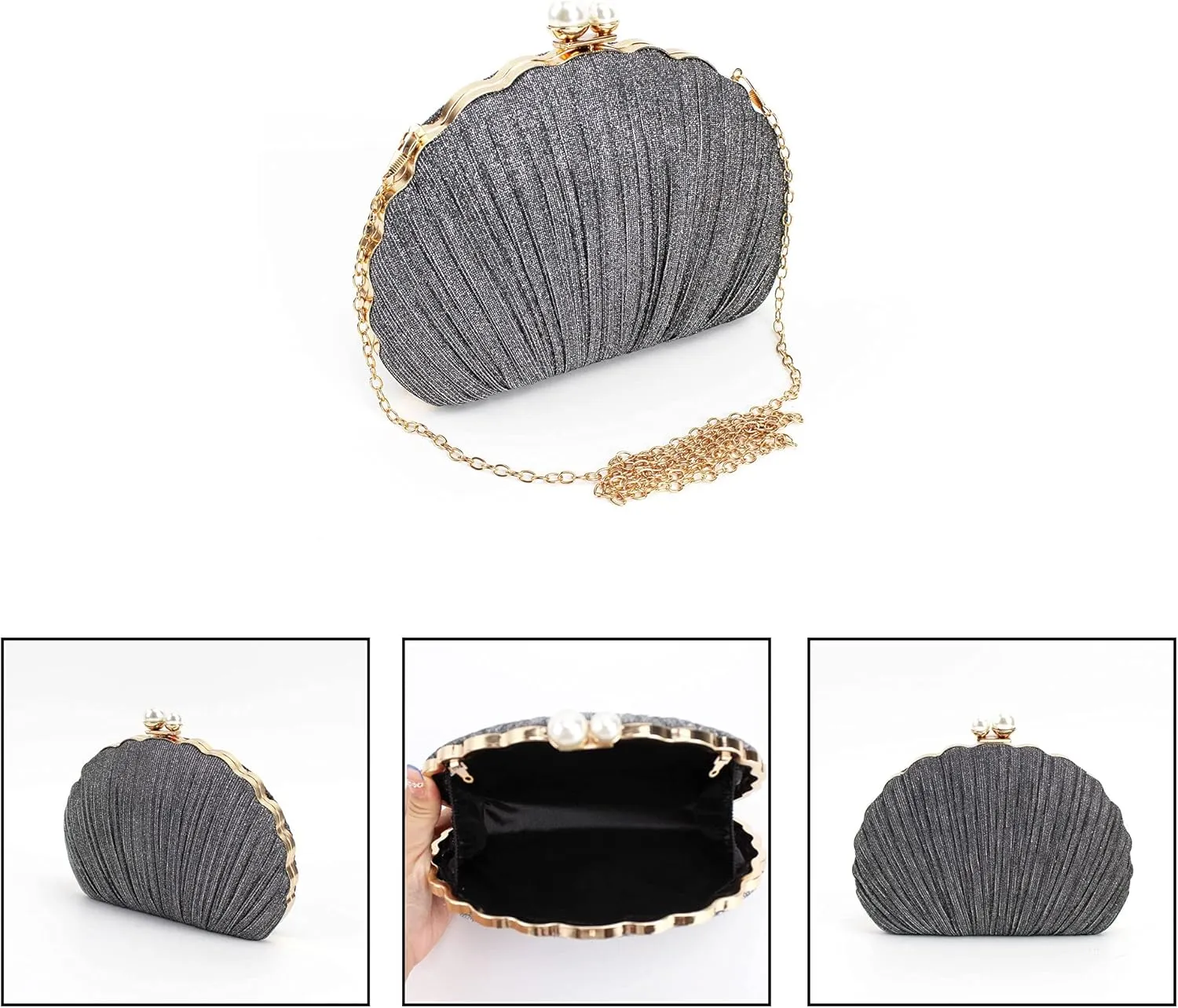 Women Mini Pleated Seashell Evening Clutch Handbag Chain Strap Cross-body Bag