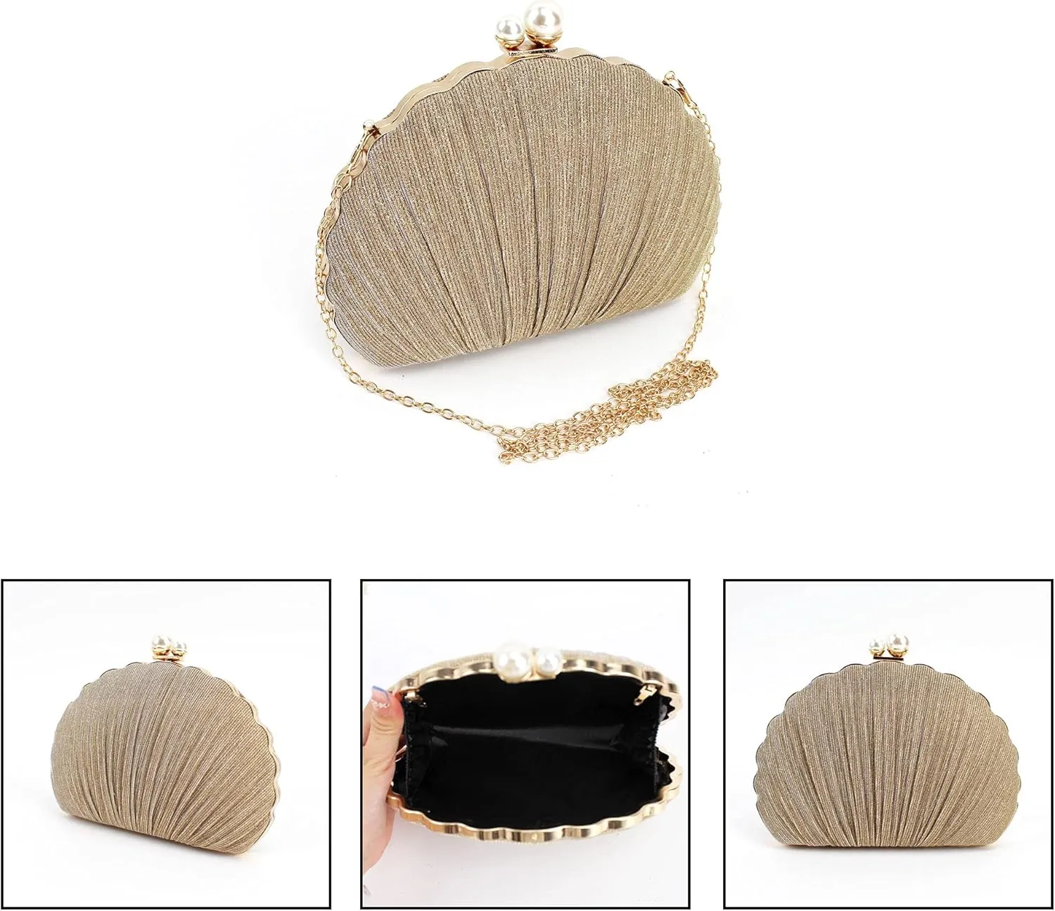 Women Mini Pleated Seashell Evening Clutch Handbag Chain Strap Cross-body Bag
