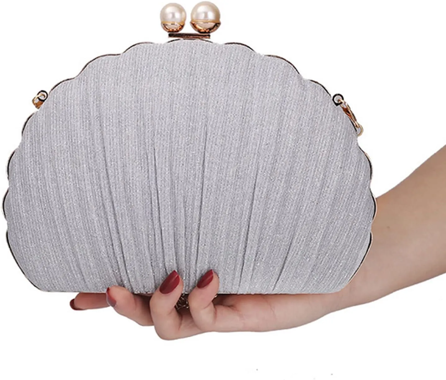 Women Mini Pleated Seashell Evening Clutch Handbag Chain Strap Cross-body Bag