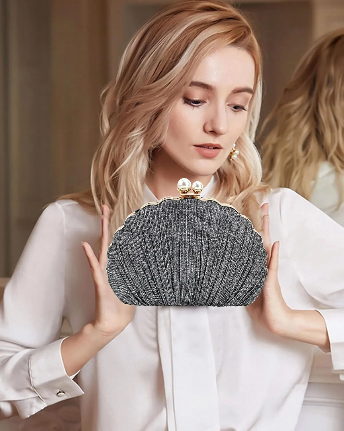 Women Mini Pleated Seashell Evening Clutch Handbag Chain Strap Cross-body Bag