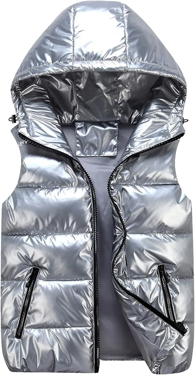 Women Winter Solid Color Full Zip Up Vest Jacket Sleeveless Lightweight Down Puffer Hooded Jacket with Zipper Pockets