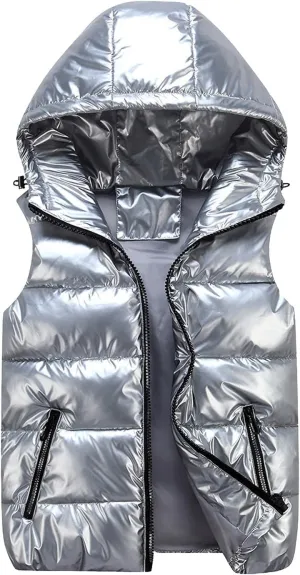 Women Winter Solid Color Full Zip Up Vest Jacket Sleeveless Lightweight Down Puffer Hooded Jacket with Zipper Pockets