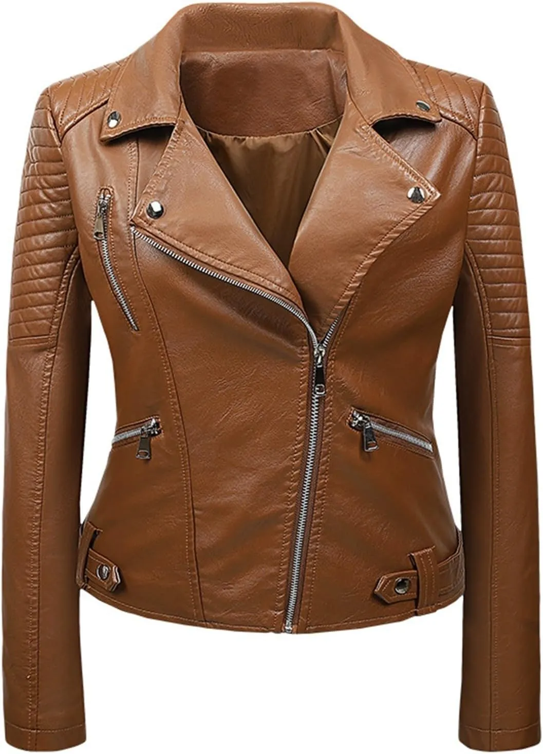 Women's Faux Leather Motorcycle Jacket Pu Slim Short Moto Biker Coat Zip Up Fitted Slim Fashion Long Sleeves Outwear