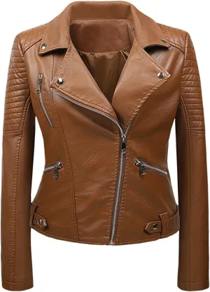 Women's Faux Leather Motorcycle Jacket Pu Slim Short Moto Biker Coat Zip Up Fitted Slim Fashion Long Sleeves Outwear