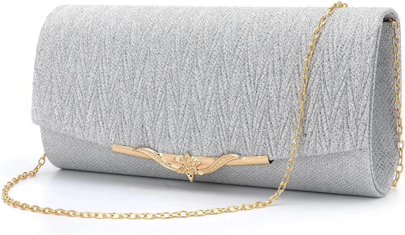 Women's Glitter Envelope Evening Bags Elegant Evening Clutch Shiny Handbag with Floral Buckle for Wedding Party Prom
