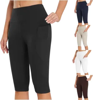 Women's Knee Length Leggings Ladies High Waisted Yoga Pants Summer Stretch Shorts Capris Trousers Cropped Pants