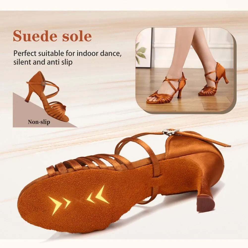 Women's Latin Dance Shoes Satin Open Toe 3 inch Heel Ballroom Salsa Dance Practice Shoes Suede Sole