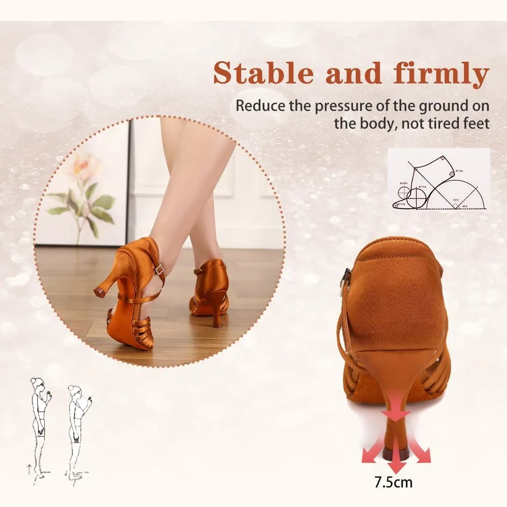 Women's Latin Dance Shoes Satin Open Toe 3 inch Heel Ballroom Salsa Dance Practice Shoes Suede Sole