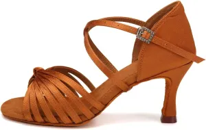 Women's Latin Dance Shoes Satin Open Toe 3 inch Heel Ballroom Salsa Dance Practice Shoes Suede Sole