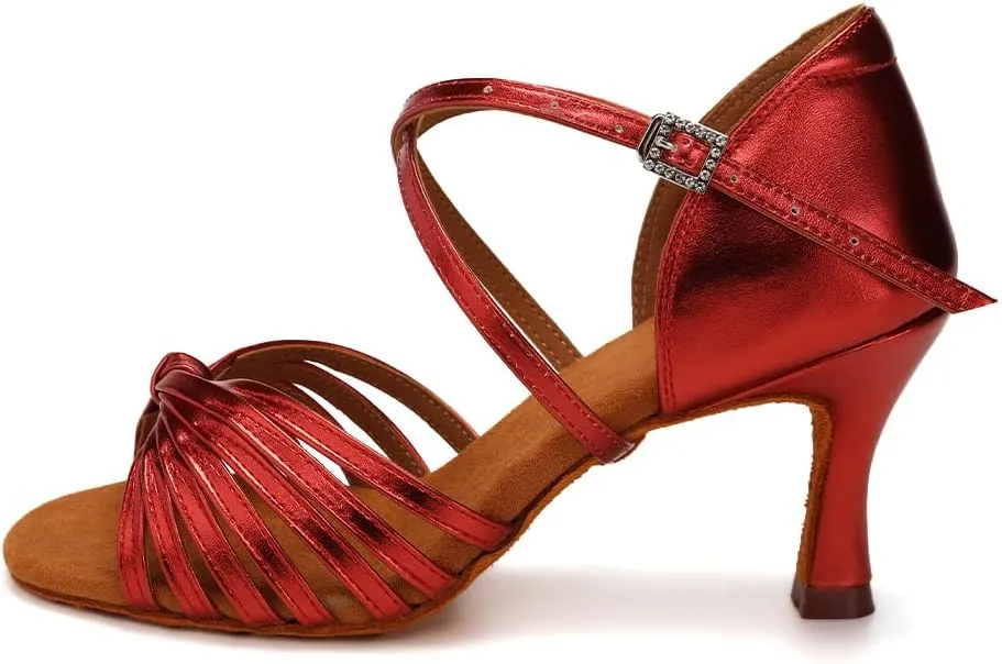 Women's Latin Dance Shoes Satin Open Toe 3 inch Heel Ballroom Salsa Dance Practice Shoes Suede Sole