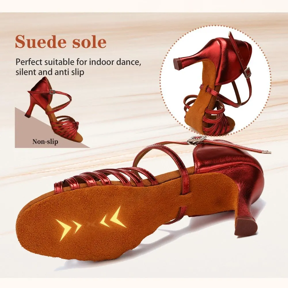 Women's Latin Dance Shoes Satin Open Toe 3 inch Heel Ballroom Salsa Dance Practice Shoes Suede Sole