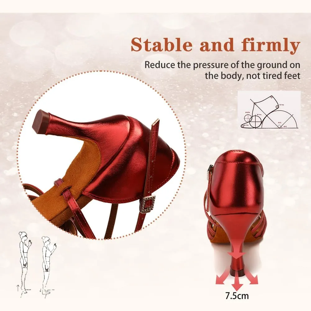 Women's Latin Dance Shoes Satin Open Toe 3 inch Heel Ballroom Salsa Dance Practice Shoes Suede Sole