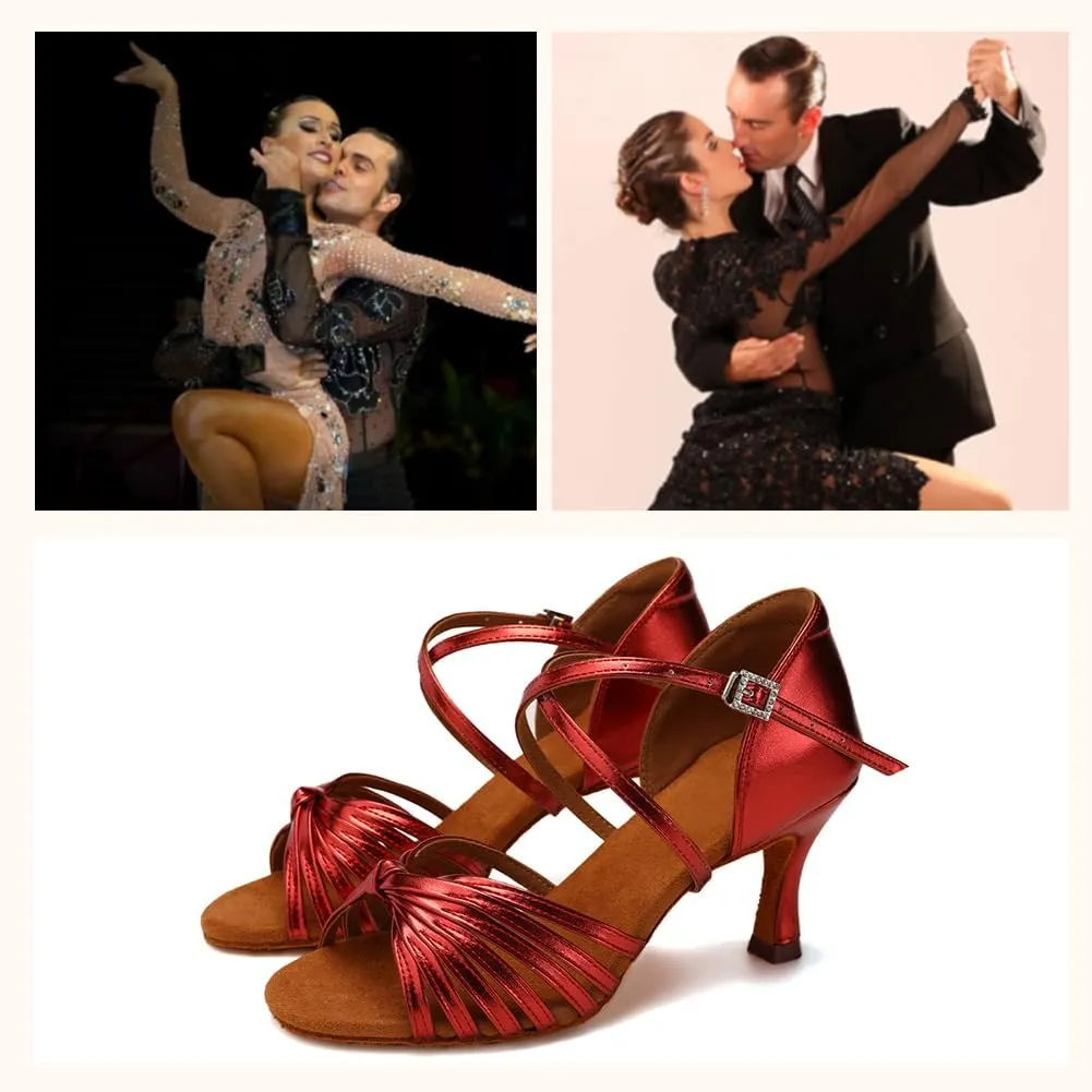 Women's Latin Dance Shoes Satin Open Toe 3 inch Heel Ballroom Salsa Dance Practice Shoes Suede Sole