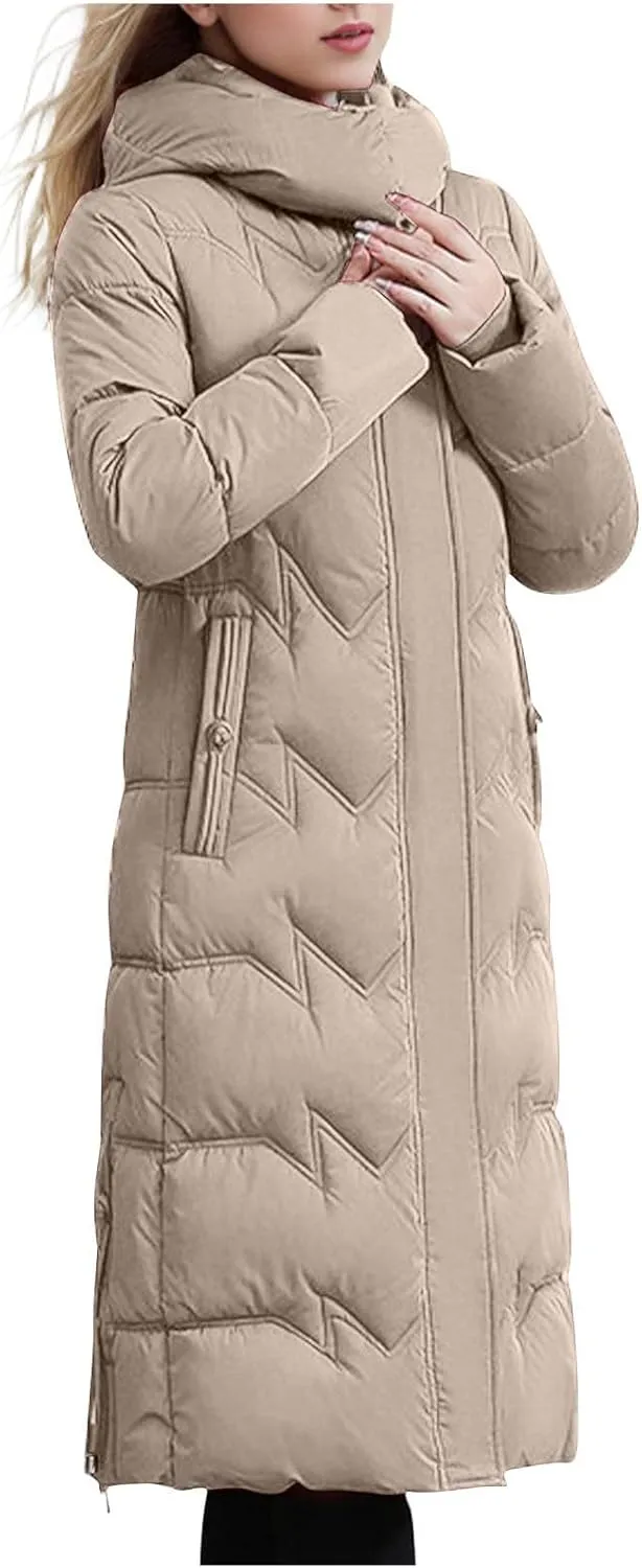Women's Long Quilted Coat Plus Size Puffer Jackets Casual Hooded Winter Coats Thickened Warm Outerwear with Pockets