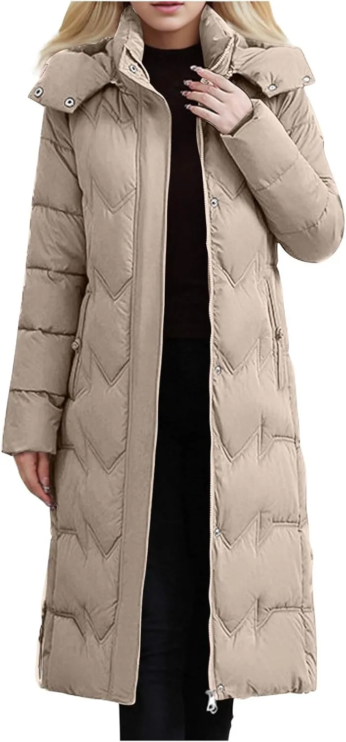 Women's Long Quilted Coat Plus Size Puffer Jackets Casual Hooded Winter Coats Thickened Warm Outerwear with Pockets