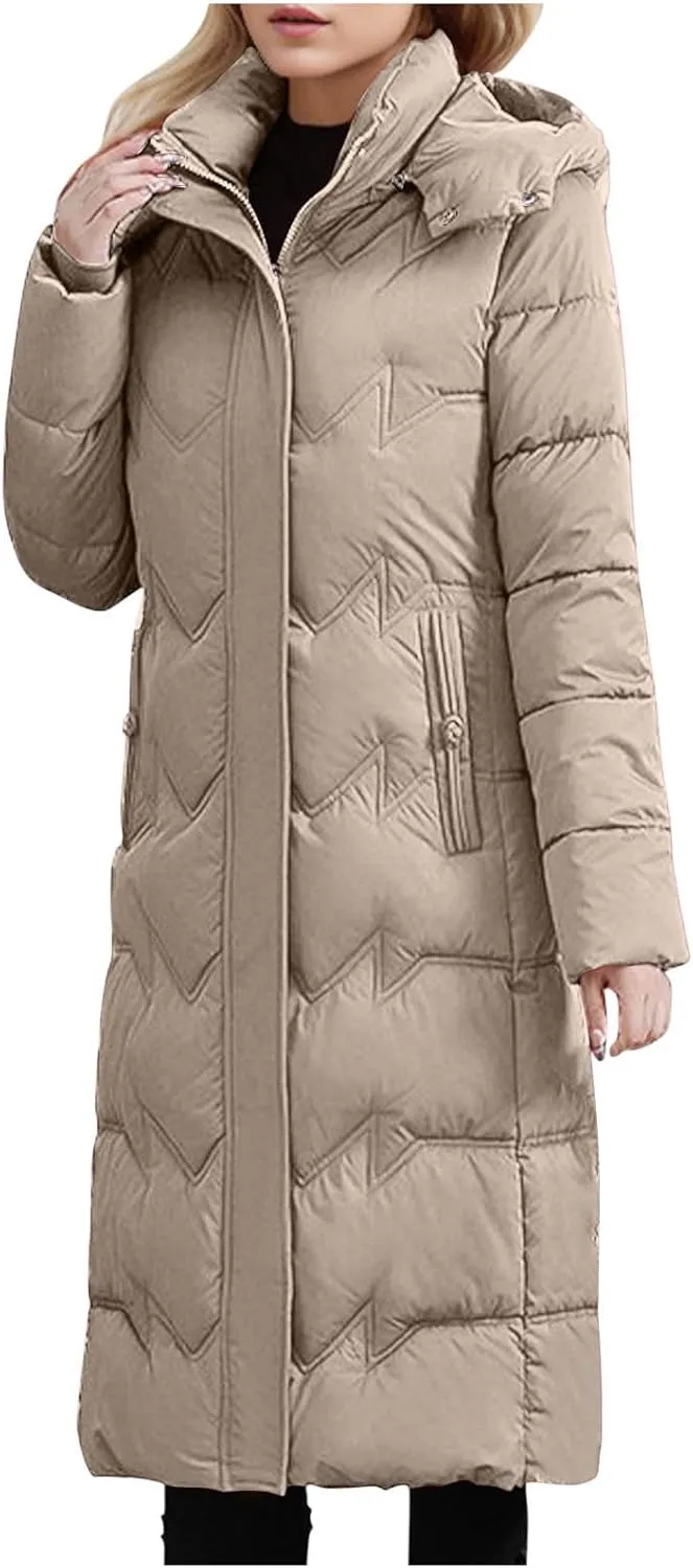 Women's Long Quilted Coat Plus Size Puffer Jackets Casual Hooded Winter Coats Thickened Warm Outerwear with Pockets