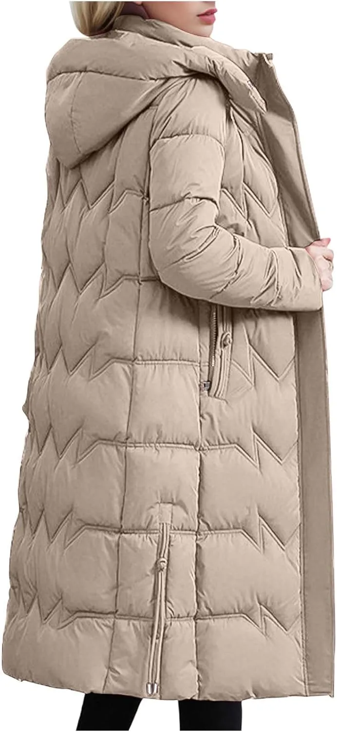 Women's Long Quilted Coat Plus Size Puffer Jackets Casual Hooded Winter Coats Thickened Warm Outerwear with Pockets