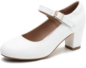 Women's Mary Jane Shoes Low Block Heel Ankle Strap Closed Round Toe Pumps Dress Wedding Office Work Church Shoes White Matte 40-8.5US