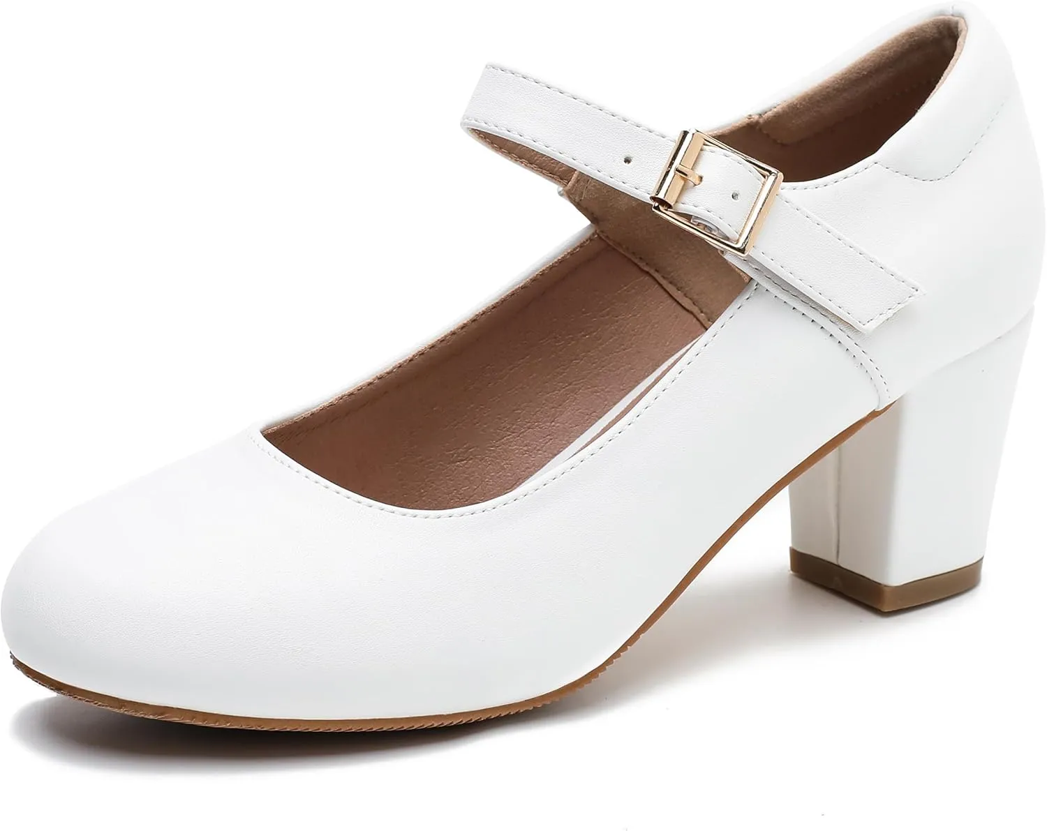 Women's Mary Jane Shoes Low Block Heel Ankle Strap Closed Round Toe Pumps Dress Wedding Office Work Church Shoes White Matte 40-8.5US